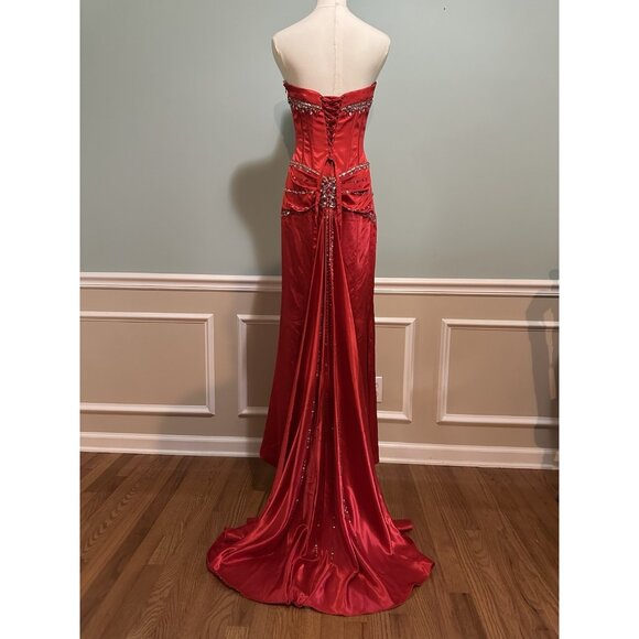 Women 6 Long Red Satin Beaded Formal Dress Evening Gown Strapless Glam Prom Gala - Picture 12 of 14